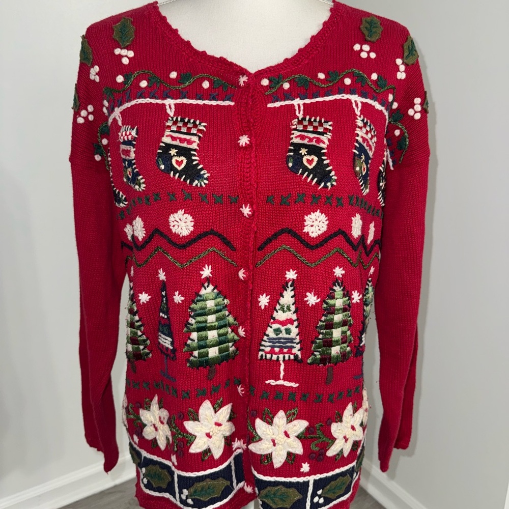 Heirloom Collectibles Christmas Cardigan Red Embroidered Trees Stockings M‎